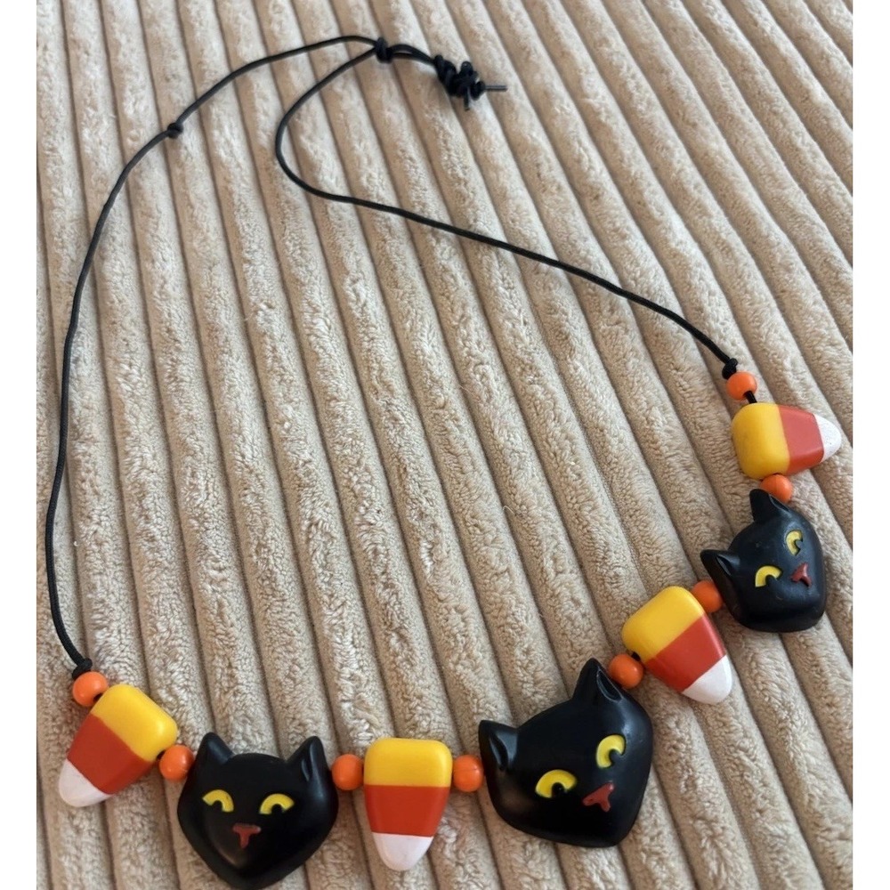 Vintage 1988 Hallmark Halloween Necklace Black Cat Candy Corn 1980s